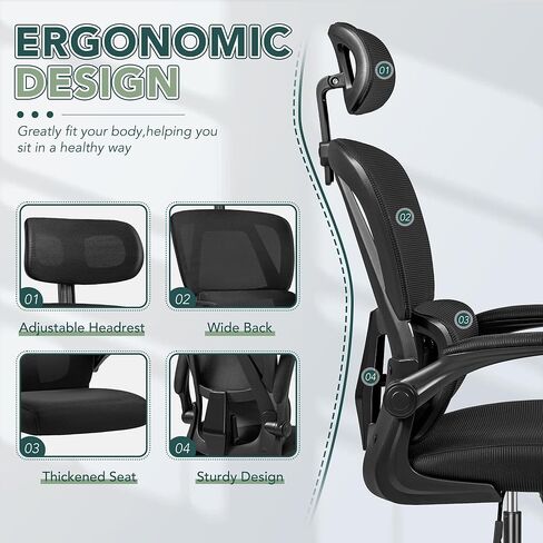 Ergonomic Office Chair, Breathable Mesh Seat, High Back with Adjustable Lumbar Support, Headrest and Flip-up Arms, Deep Black, K1 in Saudi Arabia