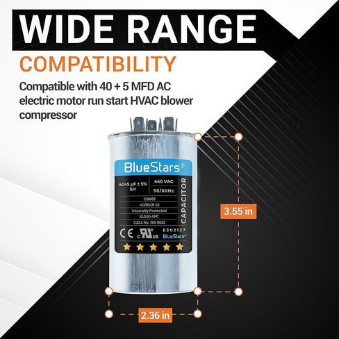 مكثف تشغيل مزدوج دائري ممتاز 40 + 5 MFD uf 370 أو 440 فولت VAC من BlueStars - متوافق مع مكيف الهواء أو مكثف المضخة الحرارية in Kuwait