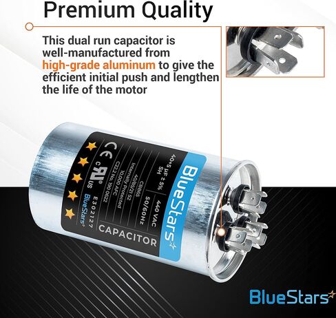 مكثف تشغيل مزدوج دائري ممتاز 40 + 5 MFD uf 370 أو 440 فولت VAC من BlueStars - متوافق مع مكيف الهواء أو مكثف المضخة الحرارية in Kuwait
