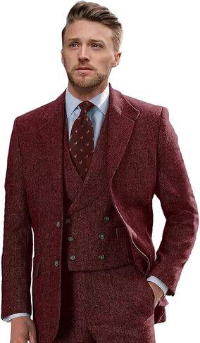 Wangyue Tweed Suits for Men Slim Fit 3 Piece Suit Double Breasted HerringboneTweed Suit Wool Suits 1920s Wedding Suits in Saudi Arabia