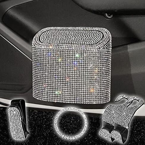 Car Trash Can Bin with Lid Small Leakproof Mini Vehicle Trash Bin Glitter Trash Bags Garbage Dustbin Organizer Container with a Ticket Clip,a Start Engine Circle,2 Hooks(Sliver) in Saudi Arabia