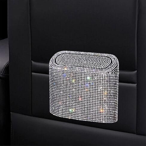 Car Trash Can Bin with Lid Small Leakproof Mini Vehicle Trash Bin Glitter Trash Bags Garbage Dustbin Organizer Container with a Ticket Clip,a Start Engine Circle,2 Hooks(Sliver) in Saudi Arabia