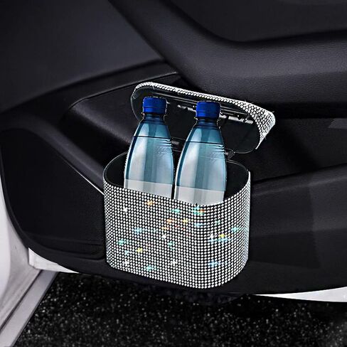 Car Trash Can Bin with Lid Small Leakproof Mini Vehicle Trash Bin Glitter Trash Bags Garbage Dustbin Organizer Container with a Ticket Clip,a Start Engine Circle,2 Hooks(Sliver) in Saudi Arabia