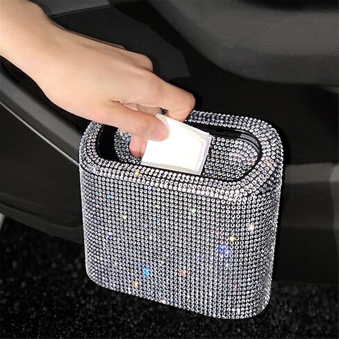 Car Trash Can Bin with Lid Small Leakproof Mini Vehicle Trash Bin Glitter Trash Bags Garbage Dustbin Organizer Container with a Ticket Clip,a Start Engine Circle,2 Hooks(Sliver) in Saudi Arabia
