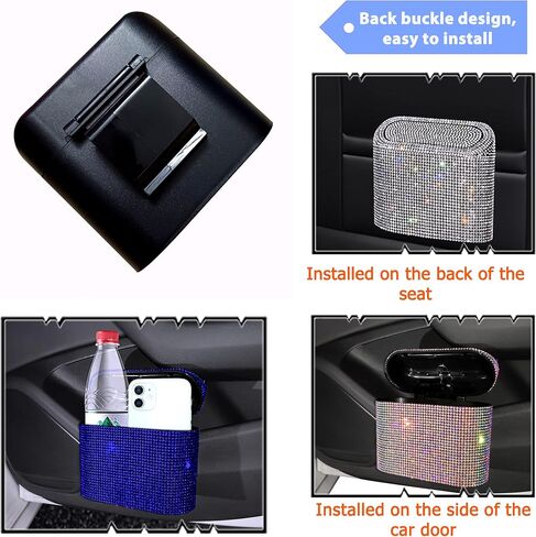 Car Trash Can Bin with Lid Small Leakproof Mini Vehicle Trash Bin Glitter Trash Bags Garbage Dustbin Organizer Container with a Ticket Clip,a Start Engine Circle,2 Hooks(Sliver) in Saudi Arabia