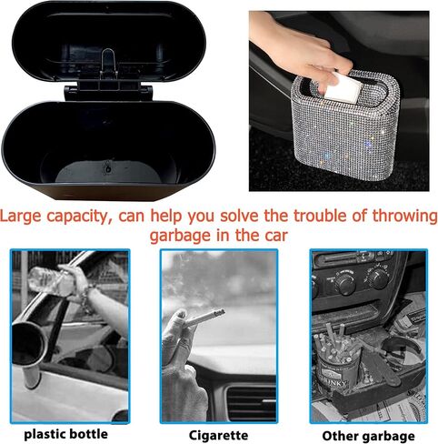 Car Trash Can Bin with Lid Small Leakproof Mini Vehicle Trash Bin Glitter Trash Bags Garbage Dustbin Organizer Container with a Ticket Clip,a Start Engine Circle,2 Hooks(Sliver) in Saudi Arabia