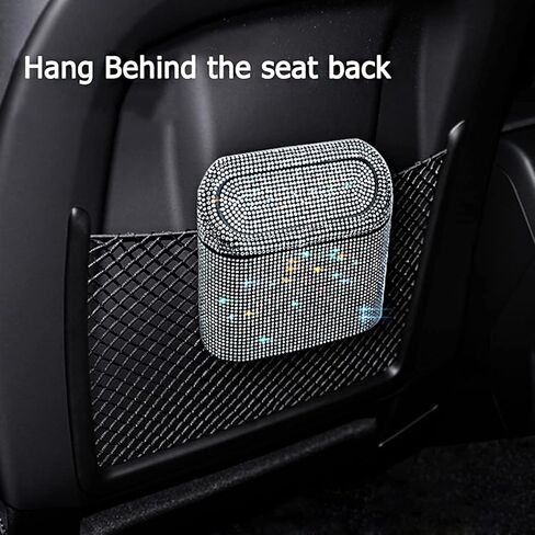 Car Trash Can Bin with Lid Small Leakproof Mini Vehicle Trash Bin Glitter Trash Bags Garbage Dustbin Organizer Container with a Ticket Clip,a Start Engine Circle,2 Hooks(Sliver) in Saudi Arabia