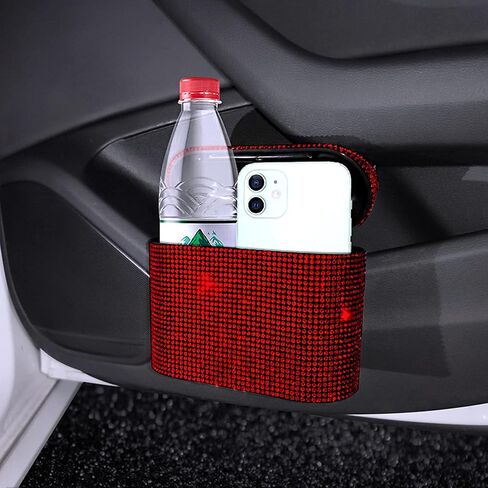 Car Trash Can Bin with Lid Small Leakproof Mini Vehicle Trash Bin Glitter Trash Bags Garbage Dustbin Organizer Container with a Ticket Clip,a Start Engine Circle,2 Hooks(Sliver) in Saudi Arabia