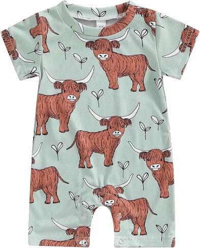 Lesimsam Newborn Baby Boy Girl Western Clothes Cow Print Romper Jumpsuit Short Sleeve One Piece Bodysuit Cute Summer Outfit in Kuwait