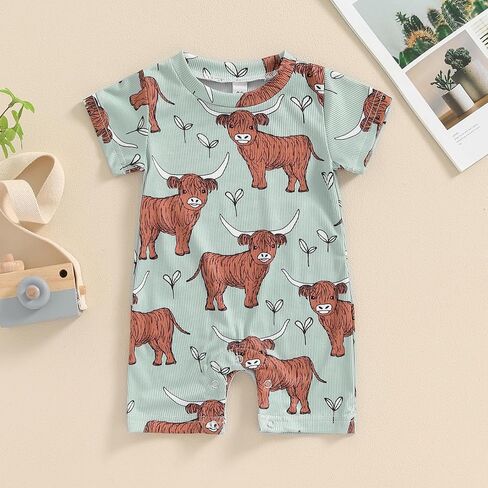 Lesimsam Newborn Baby Boy Girl Western Clothes Cow Print Romper Jumpsuit Short Sleeve One Piece Bodysuit Cute Summer Outfit in Kuwait