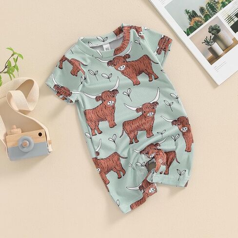 Lesimsam Newborn Baby Boy Girl Western Clothes Cow Print Romper Jumpsuit Short Sleeve One Piece Bodysuit Cute Summer Outfit in Kuwait