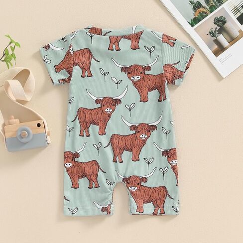 Lesimsam Newborn Baby Boy Girl Western Clothes Cow Print Romper Jumpsuit Short Sleeve One Piece Bodysuit Cute Summer Outfit in Kuwait