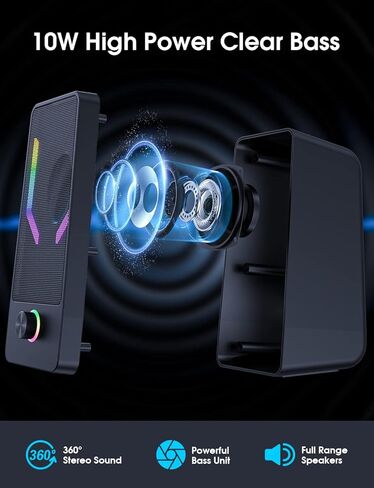 Bluetooth Computer Speakers, RGB Gaming Desktop Speakers with 7 Color Backlit, Crisp Stereo Sound Monitor Speakers with Easy-Access Control, 10W - USB-Powered for PC, Monitor, Desktop, Laptop in Kuwait