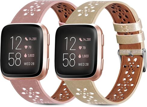 2 حزمة من الأربطة الجلدية المصنوعة من الدانتيل المتوافقة مع سوار Fitbit Versa 2 وأساور المعصم Versa Lite، سوار بديل من الجلد الكلاسيكي Versa SE قابل للتنفس، رياضي مجوف للخارج للنساء/الرجال in Kuwait
