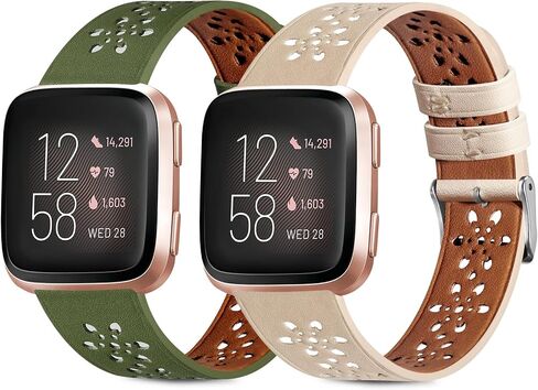 2 Pack Lace Leather Band Compatible with Fitbit Versa 2 Bands & Versa Bands & Versa Lite Wristbands, Breathable Hollow-out Sports Classic Versa SE Leather Replacement Band for Women/Men in Saudi Arabia