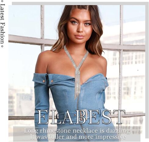 ELABEST Long Rhinestone Necklace Statement Tassel Necklaces Crystal Layered Y Choker for Women in Kuwait