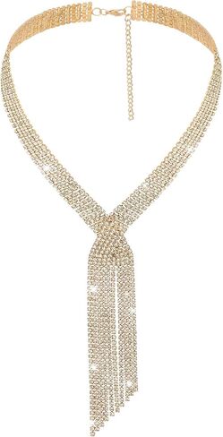 ELABEST Long Rhinestone Necklace Statement Tassel Necklaces Crystal Layered Y Choker for Women in Kuwait