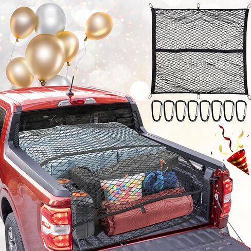 شبكة بضائع شاحنة مزدوجة الطبقة لسرير شاحنة الالتقاط لحمل الأمتعة والبقالة وإكسسوارات السيارات شبكة بنجي للتخزين مع 8 خطافات معدنية (مرونة للغاية 4 × 4 بوصات) in Kuwait