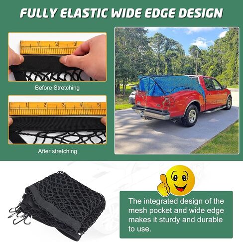 شبكة بضائع شاحنة مزدوجة الطبقة لسرير شاحنة الالتقاط لحمل الأمتعة والبقالة وإكسسوارات السيارات شبكة بنجي للتخزين مع 8 خطافات معدنية (مرونة للغاية 4 × 4 بوصات) in Kuwait