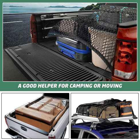 شبكة بضائع شاحنة مزدوجة الطبقة لسرير شاحنة الالتقاط لحمل الأمتعة والبقالة وإكسسوارات السيارات شبكة بنجي للتخزين مع 8 خطافات معدنية (مرونة للغاية 4 × 4 بوصات) in Kuwait