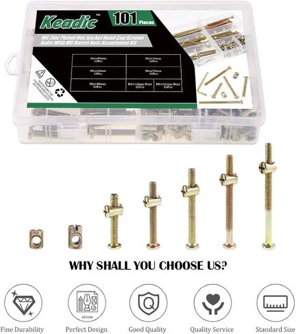 Keadic 100Pcs M6 40/50/60/70/80mm Baby Bed Screws Hardware Replacement Kit, Hex Socket Head Cap Screws Nuts for Furniture Cots Beds Crib, 1 Hex Key for Free - Zinc Plated High Speed Steel (40-80mm) in Saudi Arabia