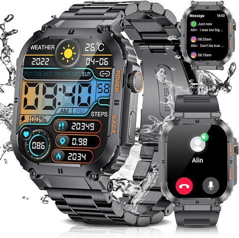 Military Smart Watches for Men(Answer/Dial Calls), 1.96'' HD Fitness Watch with Heart Rate/Blood Oxygen Monitor, AI Voice/400mAh Battery, IP67 Waterproof Rugged Outdoor Smartwatch for Android iOS… in Saudi Arabia
