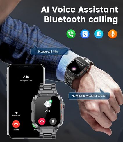 Military Smart Watches for Men(Answer/Dial Calls), 1.96'' HD Fitness Watch with Heart Rate/Blood Oxygen Monitor, AI Voice/400mAh Battery, IP67 Waterproof Rugged Outdoor Smartwatch for Android iOS… in Saudi Arabia