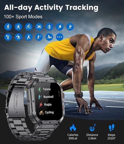 Military Smart Watches for Men(Answer/Dial Calls), 1.96'' HD Fitness Watch with Heart Rate/Blood Oxygen Monitor, AI Voice/400mAh Battery, IP67 Waterproof Rugged Outdoor Smartwatch for Android iOS… in Saudi Arabia