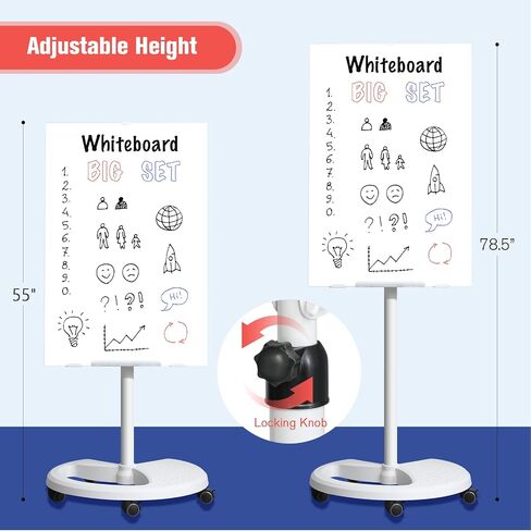 Rolling Whiteboard Dry Erase, 36 x 24 inches White Board with Stands,Hight Adjustable 55''-73''Glass Wipeable Surface Large White Board with 1 Whiteboard Eraser, 1 Markers Pen and 2 Magnets in Saudi Arabia