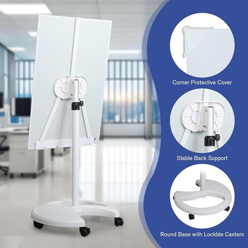 Rolling Whiteboard Dry Erase, 36 x 24 inches White Board with Stands,Hight Adjustable 55''-73''Glass Wipeable Surface Large White Board with 1 Whiteboard Eraser, 1 Markers Pen and 2 Magnets in Saudi Arabia