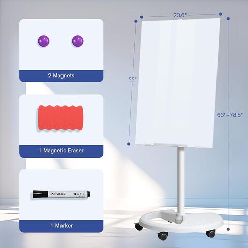 Rolling Whiteboard Dry Erase, 36 x 24 inches White Board with Stands,Hight Adjustable 55''-73''Glass Wipeable Surface Large White Board with 1 Whiteboard Eraser, 1 Markers Pen and 2 Magnets in Saudi Arabia
