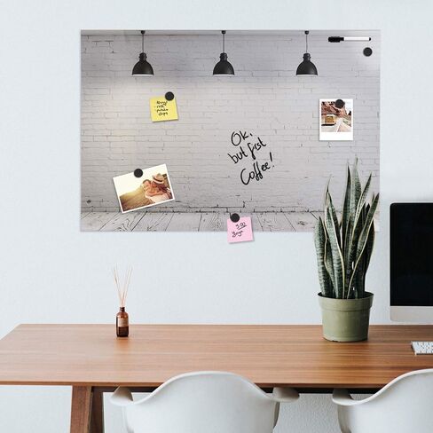 Navaris Frameless Magnetic Memo Board - Easy Installation - Kitchen Magnet Dry Erase Whiteboard - Notice Boards for Wall Use - 36 x 24 Inches - Dark Wood Design with Magnets & Pen in Kuwait