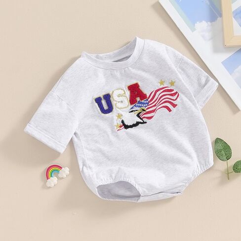 4th of July Baby Boy Girl Outfit USA Letter Printed Short Sleeve Bubble Romper Infant Summer Clothes in Kuwait
