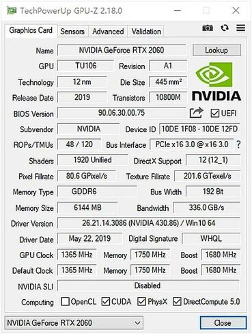 بطاقة رسومات الألعاب NVIDIA GeForce RTX 2060 6GB GDDR6 تتفوق على RTX 3050 وGTX 1660 Super و2X GT 1650 3xDP HDMI 1820 Cuda Core/Boost 1365/1680 ميجاهرتز الذاكرة 1750 ميجاهرتز 192 بت in Saudi Arabia