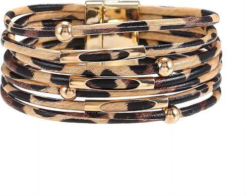 سوار جلدي متعدد الطبقات من Tatibana، سوار بوهو ليوبارد متعدد الطبقات من الجلد، أساور ذهبية مطرزة بالخرز وقابلة للتكديس مجوهرات in Kuwait