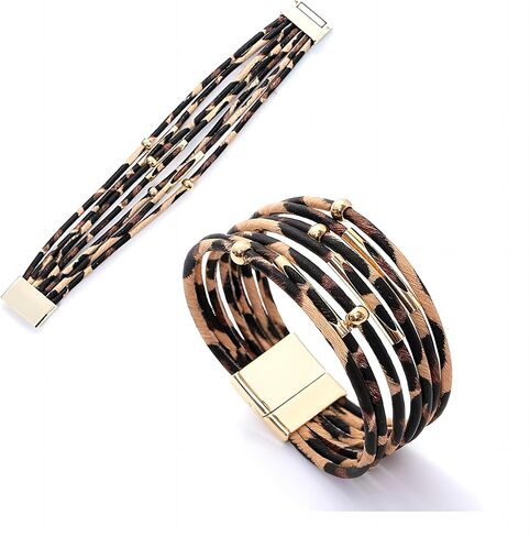 سوار جلدي متعدد الطبقات من Tatibana، سوار بوهو ليوبارد متعدد الطبقات من الجلد، أساور ذهبية مطرزة بالخرز وقابلة للتكديس مجوهرات in Kuwait