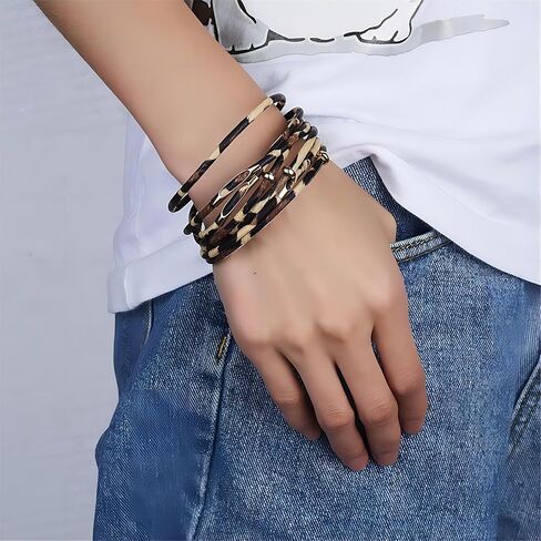 سوار جلدي متعدد الطبقات من Tatibana، سوار بوهو ليوبارد متعدد الطبقات من الجلد، أساور ذهبية مطرزة بالخرز وقابلة للتكديس مجوهرات in Kuwait