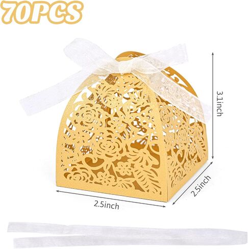 JOHOUSE 70 قطعة من صناديق هدايا الزفاف، صناديق حلوى الورد المقطوعة بالليزر مقاس 2.5 بوصة × 2.5 بوصة × 3.1 بوصة، صناديق هدايا ذهبية صغيرة لحفلات الزفاف والذكرى السنوية لحفلات أعياد الميلاد وحفلات الزفاف in Saudi Arabia