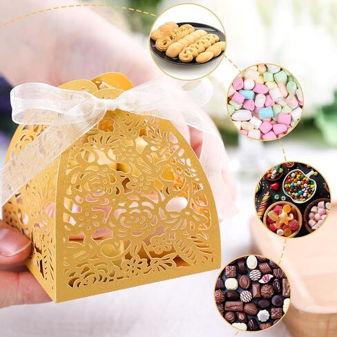 JOHOUSE 70 قطعة من صناديق هدايا الزفاف، صناديق حلوى الورد المقطوعة بالليزر مقاس 2.5 بوصة × 2.5 بوصة × 3.1 بوصة، صناديق هدايا ذهبية صغيرة لحفلات الزفاف والذكرى السنوية لحفلات أعياد الميلاد وحفلات الزفاف in Saudi Arabia