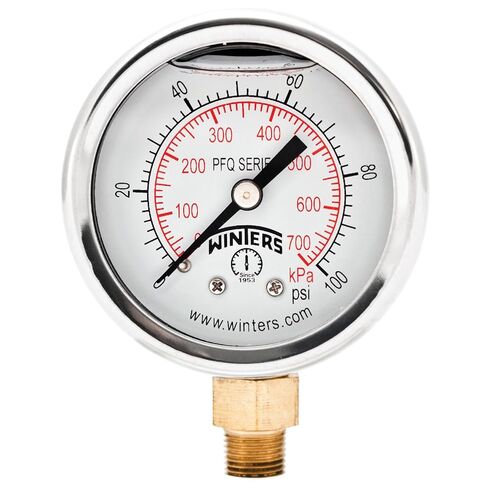 Winters 2" Dial Size, Liquid Filled Industrial Pressure Gauge, Brass Internals, 304 Stainless Steel Case, Dual Scale 0-300 psi/kPa, 2.5% Acc, 1/8" NPT Bottom Mount, Glycerin Filled Pressure Gauge in Saudi Arabia