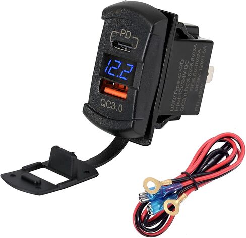شاحن Switchtec QC 3.0 USB & Type C Rocker Switch Style Charger Blue Voltmeter للقوارب، Polaris، RZR 1000، Ranger، Mobile Home، RV، Can Am Spyders، Can Am Maverick، Can AM SxS، عربة الجولف، UTV in Kuwait