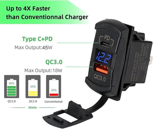 شاحن Switchtec QC 3.0 USB & Type C Rocker Switch Style Charger Blue Voltmeter للقوارب، Polaris، RZR 1000، Ranger، Mobile Home، RV، Can Am Spyders، Can Am Maverick، Can AM SxS، عربة الجولف، UTV in Kuwait