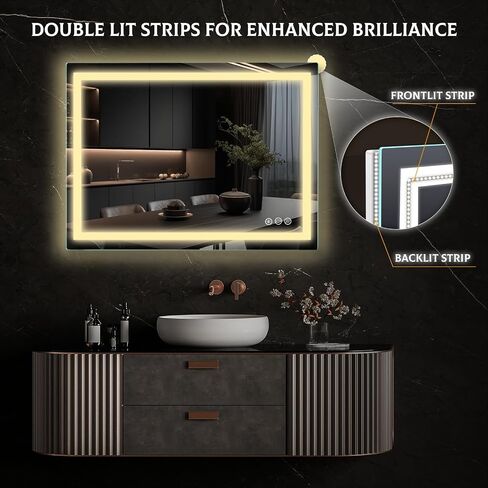 36x28 inch Bathroom Mirror, Lighted Vanity Mirror with Front and Back Lit, Stepless Dimmable&Colors LED Mirror with Double Strips, Anti-Fog, Memory, Waterproof(Horizontal/Vertical) in Saudi Arabia