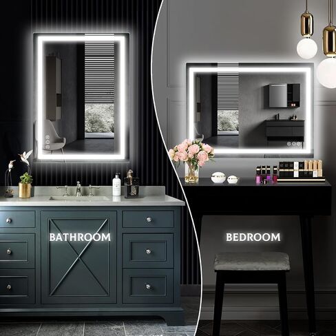 36x28 inch Bathroom Mirror, Lighted Vanity Mirror with Front and Back Lit, Stepless Dimmable&Colors LED Mirror with Double Strips, Anti-Fog, Memory, Waterproof(Horizontal/Vertical) in Saudi Arabia