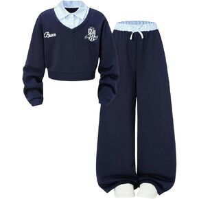 SOLY HUX Girl's Sweatsuits 2 Piece Outfits Letter Striped 2 in 1 Collared Sweatshirt and Sweatpants Preppy Clothing Sets in Kuwait