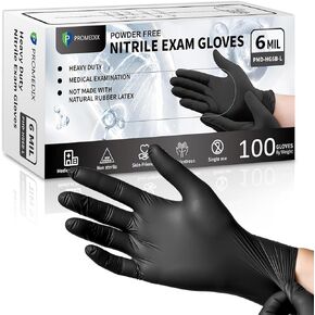 PROMEDIX P قفازات النتريل السوداء للاستعمال مرة واحدة، 6 مل 100 قطعة من قفازات الطبخ الآمنة للطعام، قفازات مطاطية خالية من اللاتكس لامتحان التنظيف in Kuwait