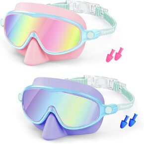 Vvinca 2 Pack Kids Swim Goggles with Nose Cover, Wide View Anti-Fog UV Protection Swimming Mask for Boys Girls Ages 3-14 in Kuwait