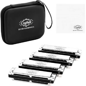 Professional Harmonica Set 4 Pack, 10 Hole 20 Tone Blues Harp in Keys C G D A, Silver Diatonic Mouth Organ Bundle with Stainless Steel Cover for Practice, Studio, Band Jam & Stage Performance in Kuwait
