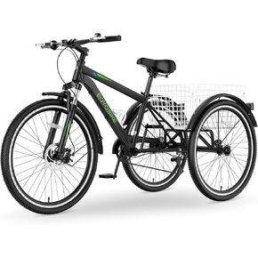 دراجة جبلية ثلاثية العجلات للبالغين من MOPHOTO، دراجة جبلية ذات 7 سرعات و3 عجلات للبالغين، دراجة كروزر 24/26/27.5 بوصة مع فرامل قرصية أمامية، شوكة تعليق أمامية، سلة شحن خلفية، سعة 350 رطل، للرجال والنساء in Kuwait