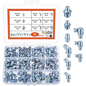 90Pcs Metric Grease Fittings Kit,Straight and Angled Grease Zerk Kit, M6 M8 M10 180 45 90 Degree Hydraulic Grease Zerk Assortment for Angled Grease Guns Mechanical Component Lubrication in Kuwait
